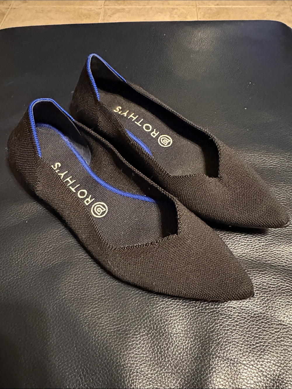 Rothy's Black Pointed Knit Flats with Blue Trim